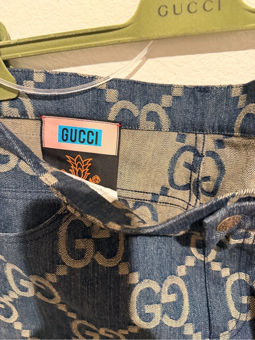 Authentic Gucci Blue Beige GG Denim Shorts with Logo Jacquard